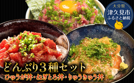 どんぶり3種セット ぶりのりゅうきゅう丼・まぐろの漬け丼（ひゅうが丼）・まぐろのたたき（ねぎとろ）セットねぎとろ 鮪丼 まぐろ 大分県産 九州産 津久見市 国産【tsu000303】
